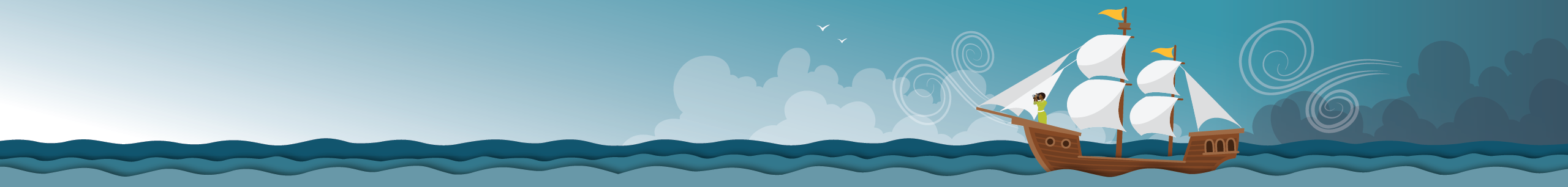 A digital drawing of a ship sailing across water with a woman at the bow looking ahead.