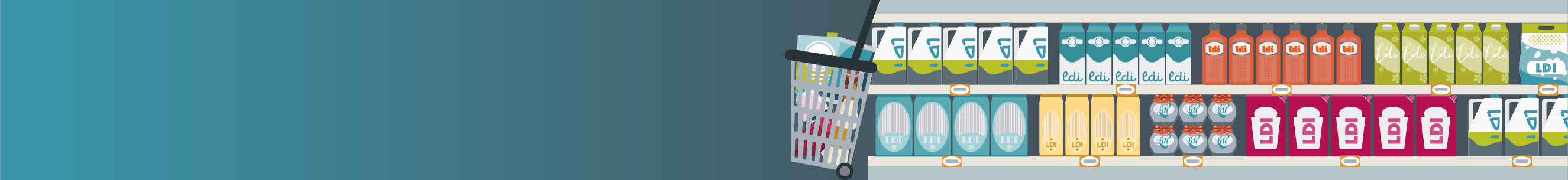 A digital drawing of grocery shelves filled with nondescript items and a small cart filled with groceries.