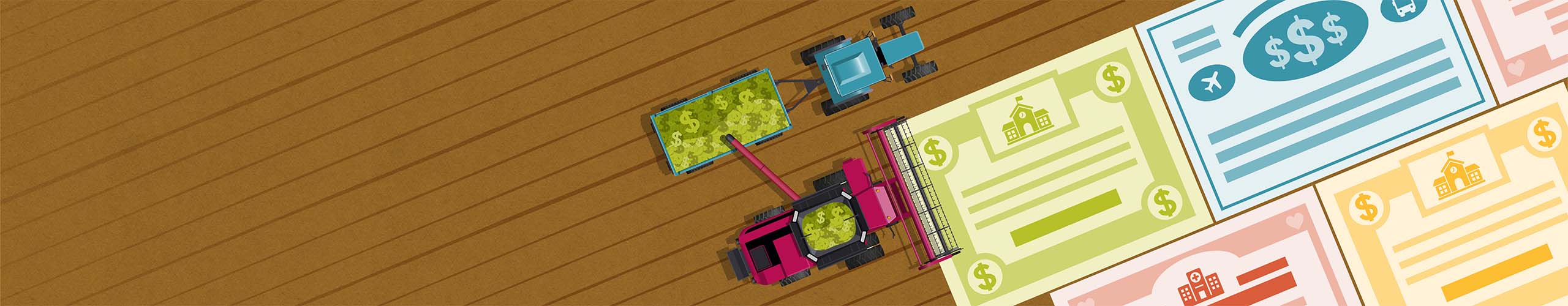 A digital drawing of a tractor picking put colored dollar bills