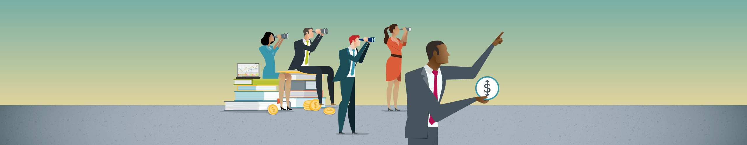 A digital drawing of a group of businesspeople looking ahead with binoculars. The man at the forefront of everyone is pointing up and holding a circle with a dollar sign. 