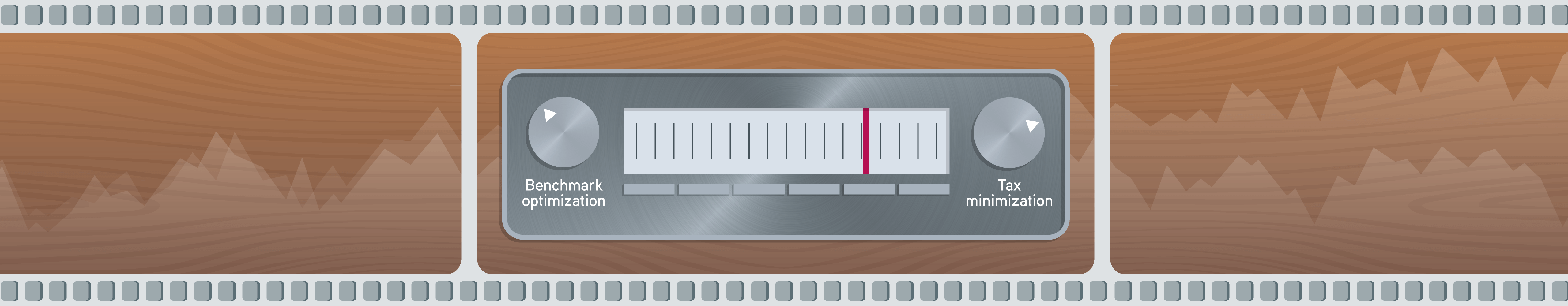 A gray and brown old film strip with an old fashion radio in the center. On toggle on the radio says "Benchmark optimization" and the other "Tax minimization."